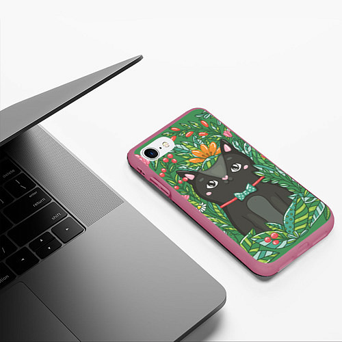Чехол iPhone 7/8 матовый Кошка в цветах / 3D-Малиновый – фото 3