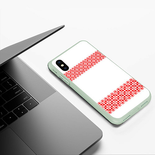 Чехол iPhone XS Max матовый Славянский орнамент (на белом) / 3D-Салатовый – фото 3
