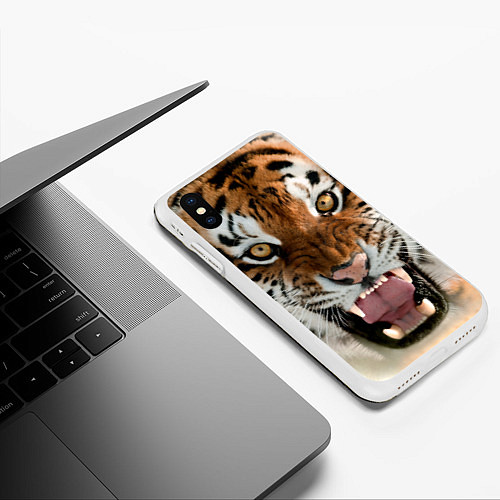 Чехол iPhone XS Max матовый Свирепый тигр / 3D-Белый – фото 3