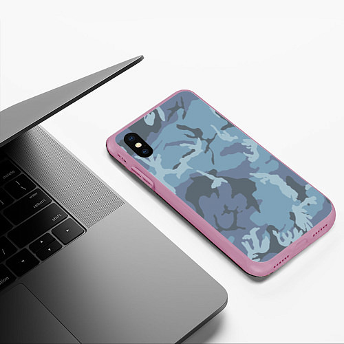 Чехол iPhone XS Max матовый Камуфляж: голубой/синий / 3D-Розовый – фото 3