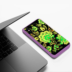 Чехол iPhone XS Max матовый Хохлома: черный и салатовый, цвет: 3D-фиолетовый — фото 2