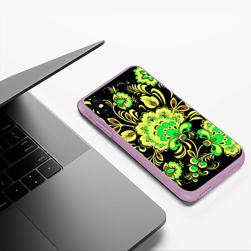 Чехол iPhone XS Max матовый Хохлома: черный и салатовый / 3D-Сиреневый – фото 3