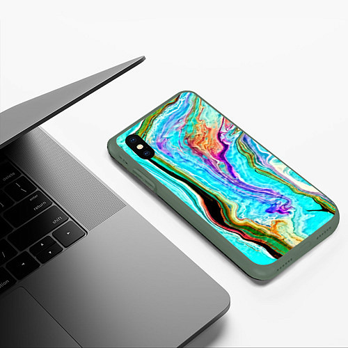 Чехол iPhone XS Max матовый Цветные разводы / 3D-Темно-зеленый – фото 3