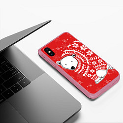 Чехол iPhone XS Max матовый Новогодний медведь, цвет: 3D-малиновый — фото 2