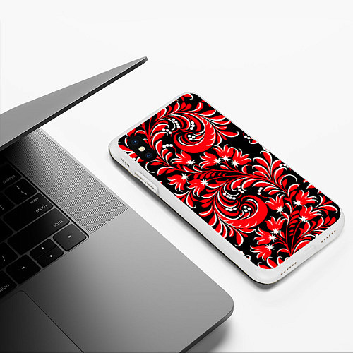 Чехол iPhone XS Max матовый Хохлома красная / 3D-Белый – фото 3