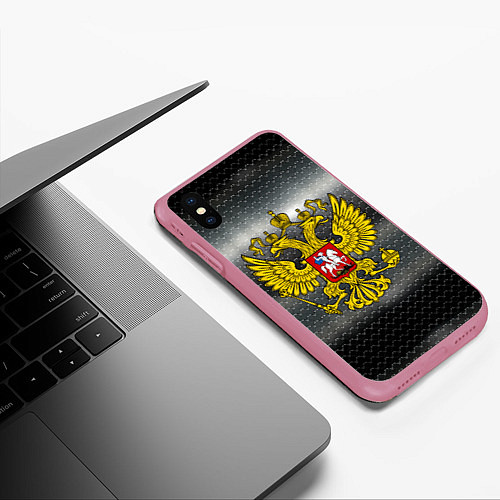 Чехол iPhone XS Max матовый Герб России на металлическом фоне / 3D-Малиновый – фото 3
