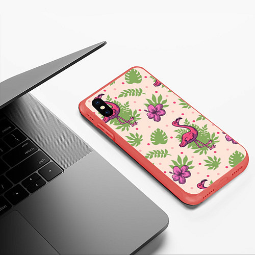 Чехол iPhone XS Max матовый Цветочные фламинго / 3D-Красный – фото 3