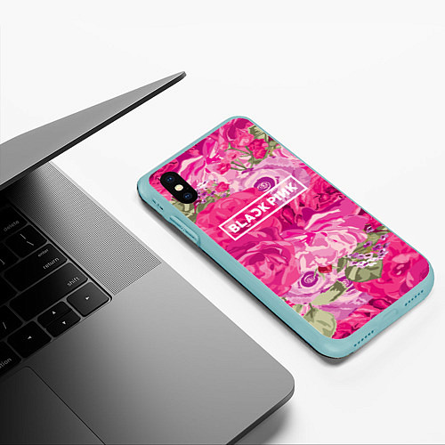 Чехол iPhone XS Max матовый Black Pink: Abstract Flowers / 3D-Мятный – фото 3