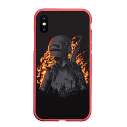 Чехол iPhone XS Max матовый PUBG: Flame Soldier, цвет: 3D-красный