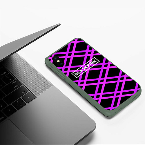 Чехол iPhone XS Max матовый Black Pink: Neon Lines / 3D-Темно-зеленый – фото 3