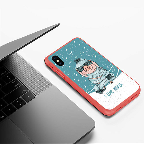 Чехол iPhone XS Max матовый Pig: I love winter / 3D-Красный – фото 3