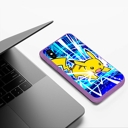 Чехол iPhone XS Max матовый Пикачу бежит с молниями / 3D-Фиолетовый – фото 3