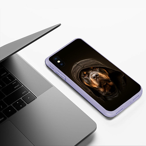 Чехол iPhone XS Max матовый Ротвейлер в капюшоне / 3D-Светло-сиреневый – фото 3