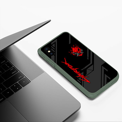 Чехол iPhone XS Max матовый Cyberpunk 2077: Grey Samurai / 3D-Темно-зеленый – фото 3