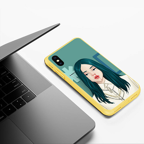 Чехол iPhone XS Max матовый Billie Eilish: Turquoise Hair / 3D-Желтый – фото 3