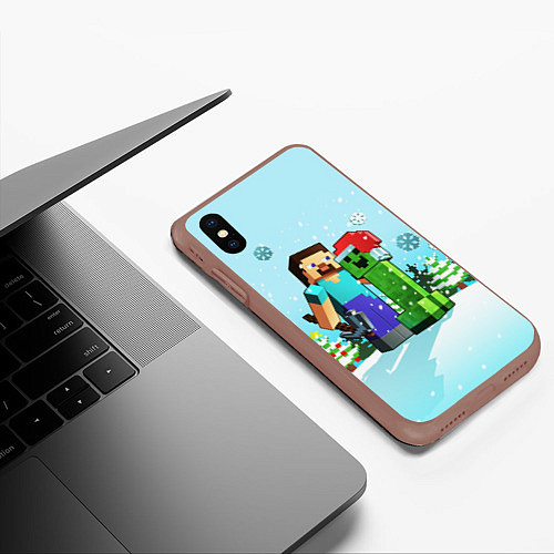 Чехол iPhone XS Max матовый MINECRAFT НОВОГОДНИЙ / 3D-Коричневый – фото 3