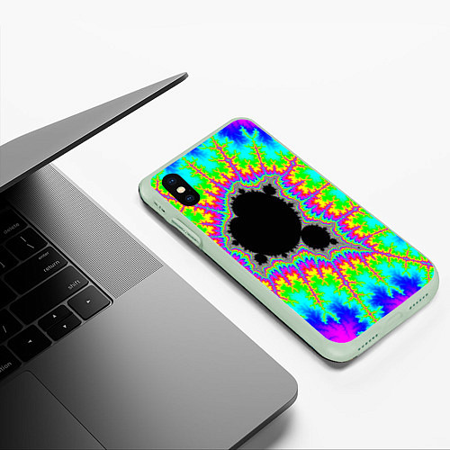 Чехол iPhone XS Max матовый Фрактальная кислотная черная дыра - множество Манд / 3D-Салатовый – фото 3