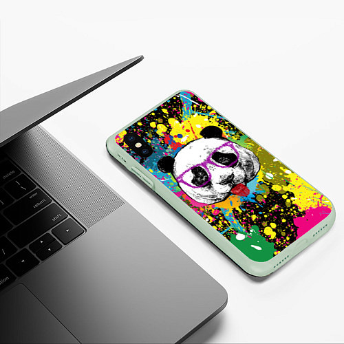 Чехол iPhone XS Max матовый Панда хипстер в брызгах краски / 3D-Салатовый – фото 3