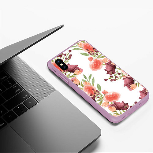 Чехол iPhone XS Max матовый Цветы на белом / 3D-Сиреневый – фото 3