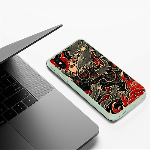 Чехол iPhone XS Max матовый Dsquared tatoo DRAGON / 3D-Салатовый – фото 3