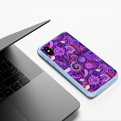 Чехол iPhone XS Max матовый Фиолетовый этнический дудлинг / 3D-Голубой – фото 3