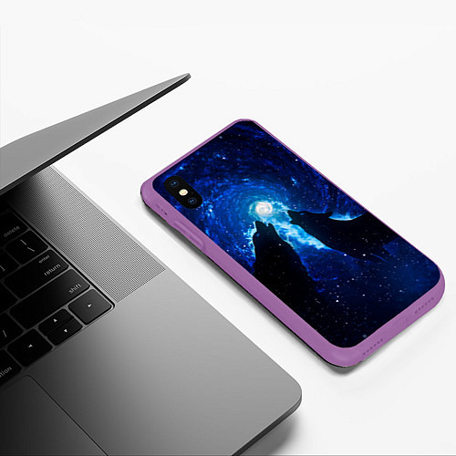Чехол iPhone XS Max матовый Волки силуэты звездное небо / 3D-Фиолетовый – фото 3