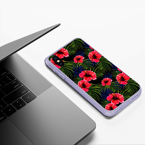 Чехол iPhone XS Max матовый Тропические цветы и листья / 3D-Светло-сиреневый – фото 3