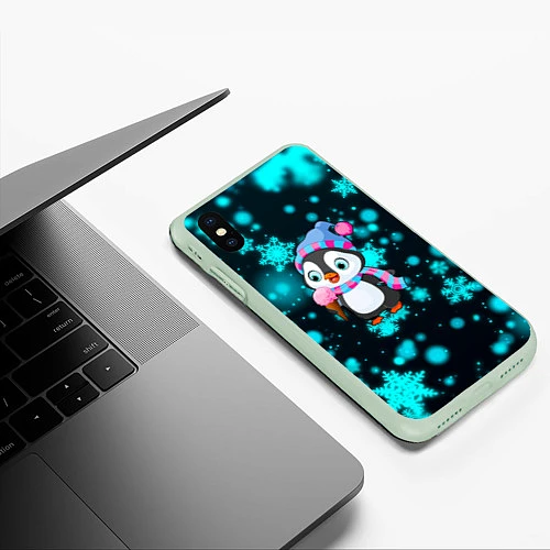 Чехол iPhone XS Max матовый Новогодний пингвин / 3D-Салатовый – фото 3