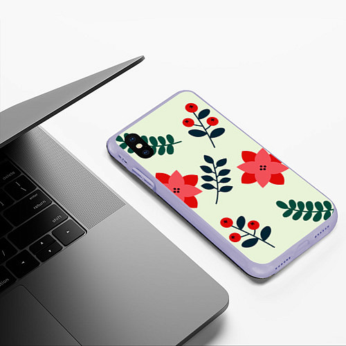 Чехол iPhone XS Max матовый Цветы, ягоды, листья / 3D-Светло-сиреневый – фото 3