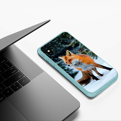 Чехол iPhone XS Max матовый Лиса в зимнем лесу / 3D-Мятный – фото 3