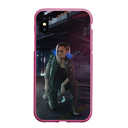 Чехол iPhone XS Max матовый Cyberpunk 2077, цвет: 3D-малиновый