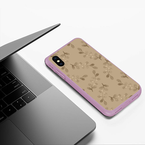 Чехол iPhone XS Max матовый Листья на бежевом фоне / 3D-Сиреневый – фото 3