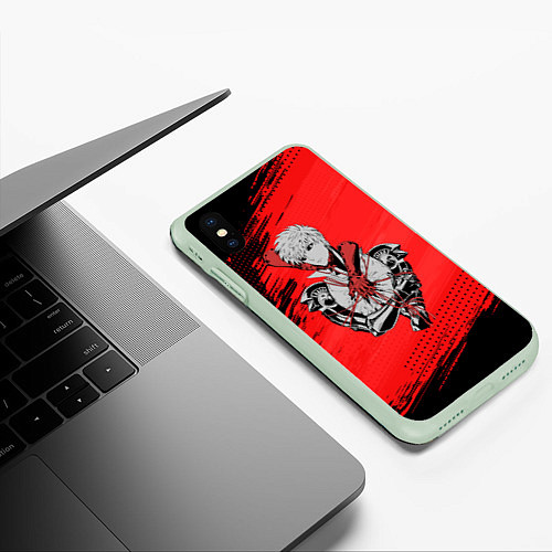 Чехол iPhone XS Max матовый Генос One Punch Man / 3D-Салатовый – фото 3