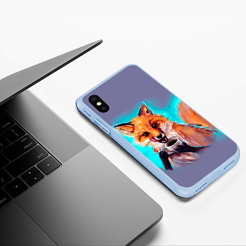 Чехол iPhone XS Max матовый Лиса с кофе / 3D-Голубой – фото 3