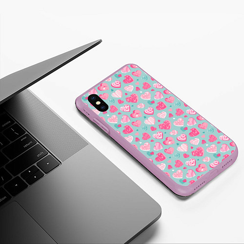 Чехол iPhone XS Max матовый Сердечки в разных стилях / 3D-Сиреневый – фото 3