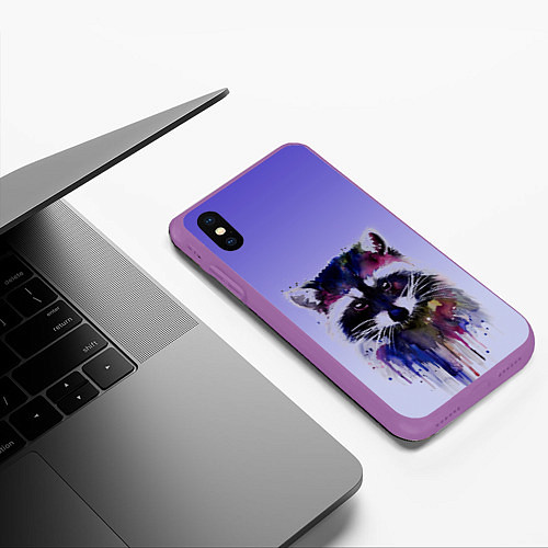 Чехол iPhone XS Max матовый Енот акварелью потеки / 3D-Фиолетовый – фото 3
