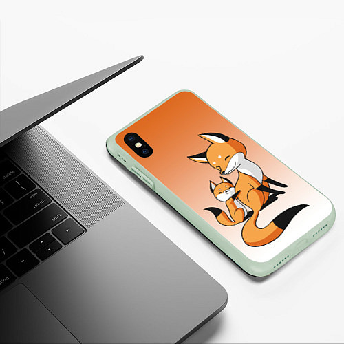 Чехол iPhone XS Max матовый Лис и лисенок / 3D-Салатовый – фото 3
