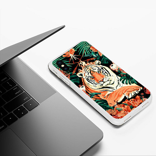 Чехол iPhone XS Max матовый Огненный Тигр в Цветах / 3D-Белый – фото 3
