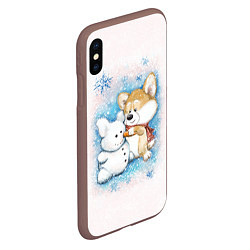 Чехол iPhone XS Max матовый Корги и снеговик, цвет: 3D-коричневый — фото 2