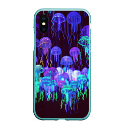 Чехол iPhone XS Max матовый Неоновые медузы, цвет: 3D-мятный