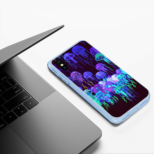 Чехол iPhone XS Max матовый Неоновые медузы / 3D-Голубой – фото 3