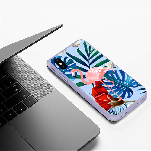 Чехол iPhone XS Max матовый Фламинго в папоротнике / 3D-Светло-сиреневый – фото 3