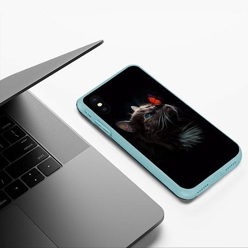 Чехол iPhone XS Max матовый Котик и бабочка / 3D-Мятный – фото 3