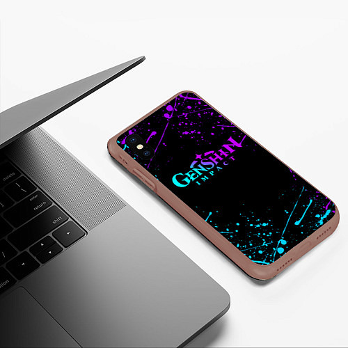 Чехол iPhone XS Max матовый GENSHIN IMPACT NEON LOGO / 3D-Коричневый – фото 3