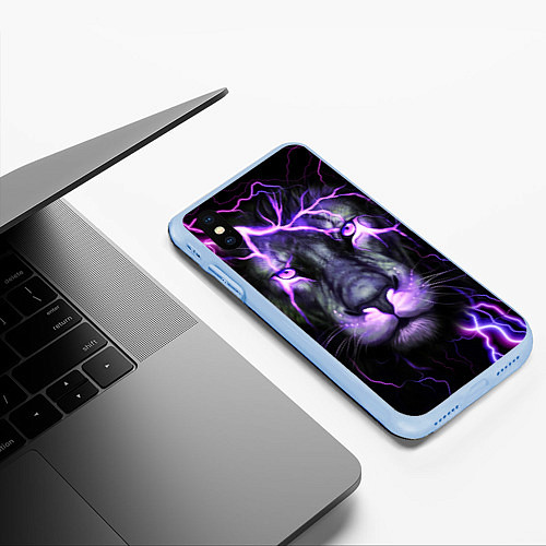 Чехол iPhone XS Max матовый НЕОНОВЫЙ ЛЕВ NEON LION / 3D-Голубой – фото 3