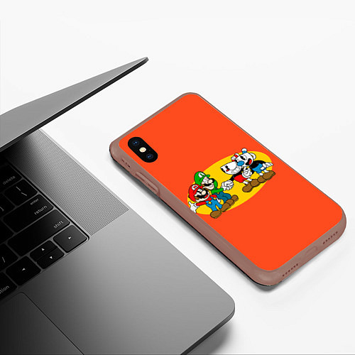 Чехол iPhone XS Max матовый CupHead x Mario / 3D-Коричневый – фото 3