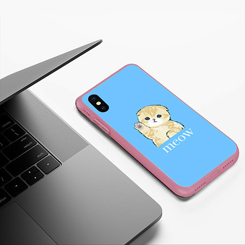 Чехол iPhone XS Max матовый Котёнок Meow машет лапкой / 3D-Малиновый – фото 3