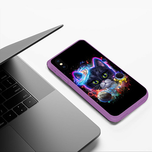 Чехол iPhone XS Max матовый Космический котик и планеты / 3D-Фиолетовый – фото 3