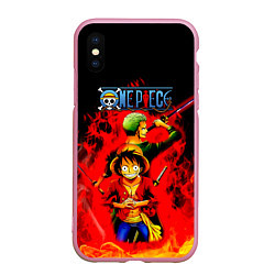 Чехол iPhone XS Max матовый Зоро и Луффи в огне One Piece, цвет: 3D-розовый