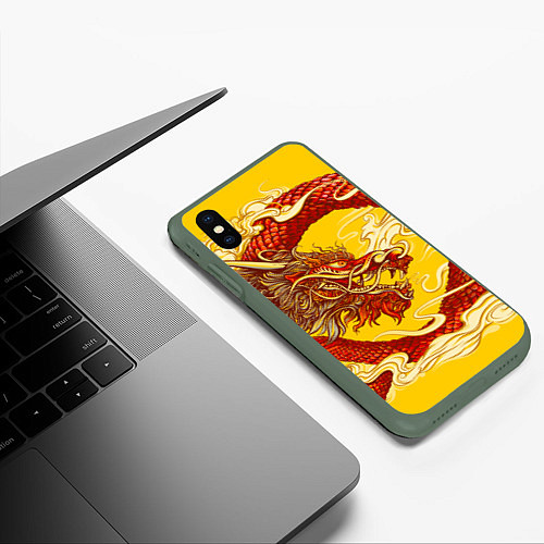 Чехол iPhone XS Max матовый Китайский Дракон, China Dragon / 3D-Темно-зеленый – фото 3